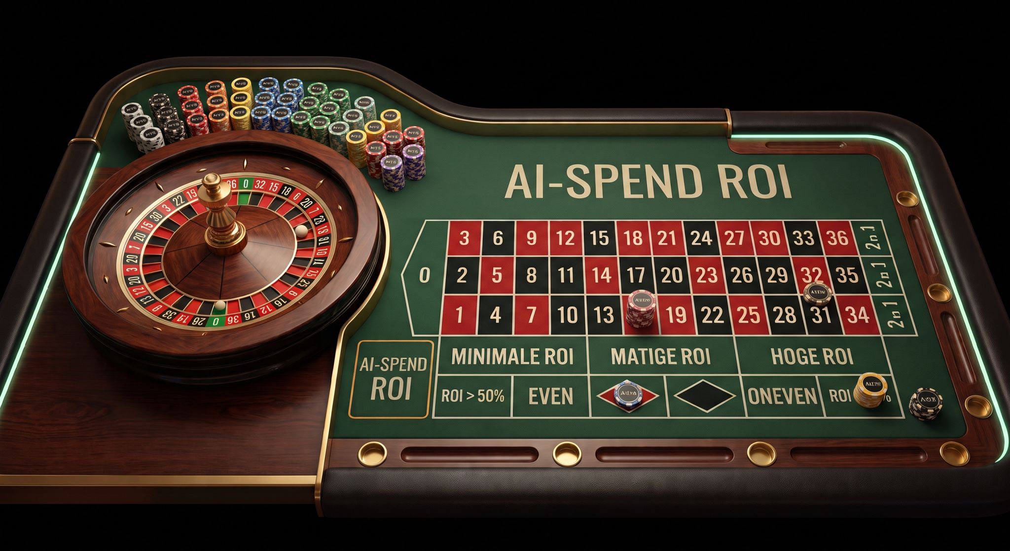 AI-spend ROI weergegeven als een roulettetafel, symbool voor gokken zonder inzicht