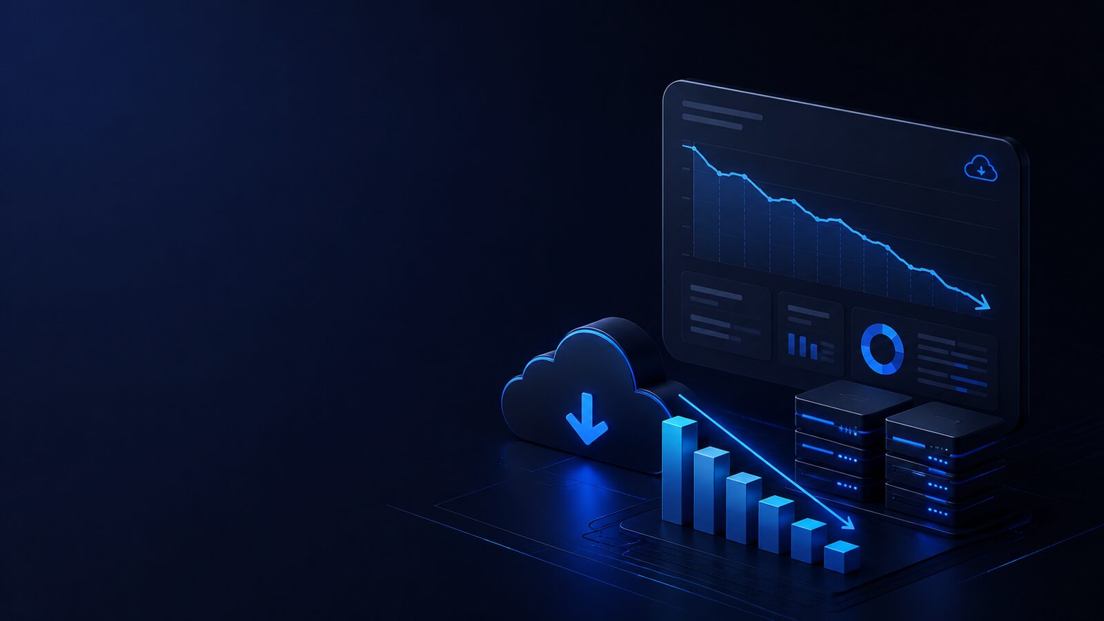 Dashboard met dalende cloudkosten en infrastructuur